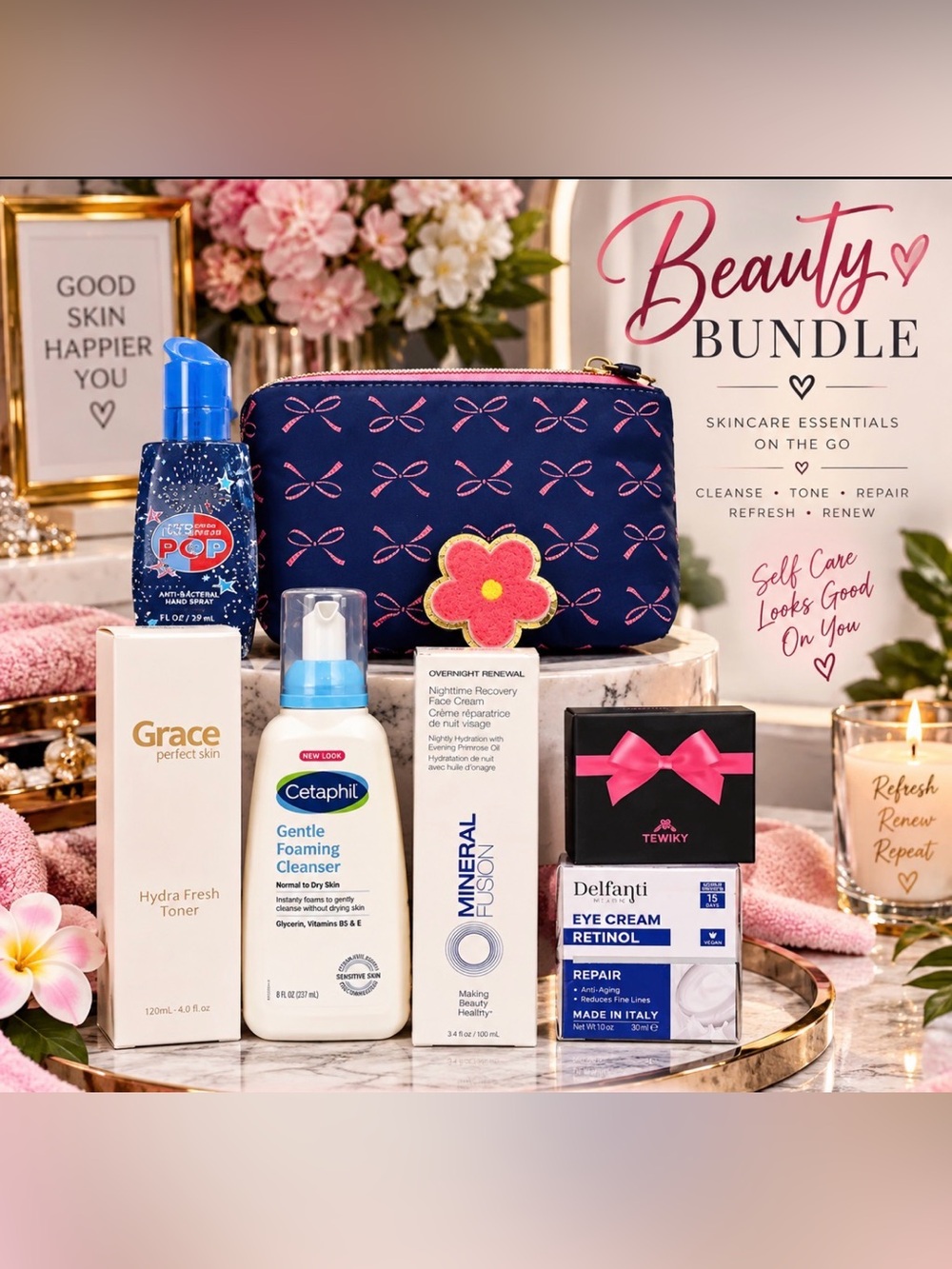 Beauty Bundle Navy Floral Wristlet Pouch with Pink Flower Accent